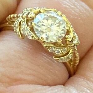 10kt yellow gold and moissanite dragonfly ring.